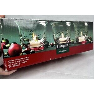 Vtg Pfaltzgraff Winterberry Set 3 Tea Light Candle Glass Christmas Holiday